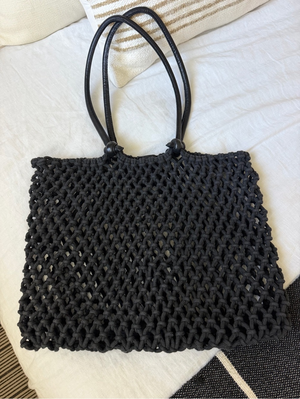 Clare V Sandy Black Macramé Shoulder Tote with Leather straps. EUC